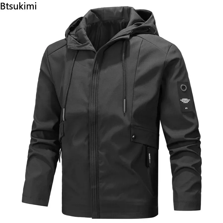 2025 Spring Autumn Men's Hooded Pocket Jackets Outdoor Sports Casual Waterproof Coats Men Hiking Camping Windbreaker Jackets 7XL