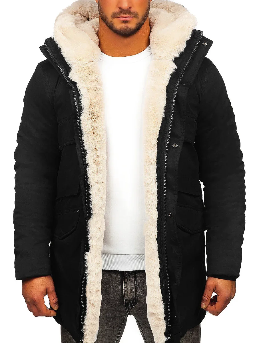 Warm Faux Fur Jacket Coat Parka Hooded Men Autumn Winter Long Sleeve Fashion Casual Zipper Solid Color Jackets