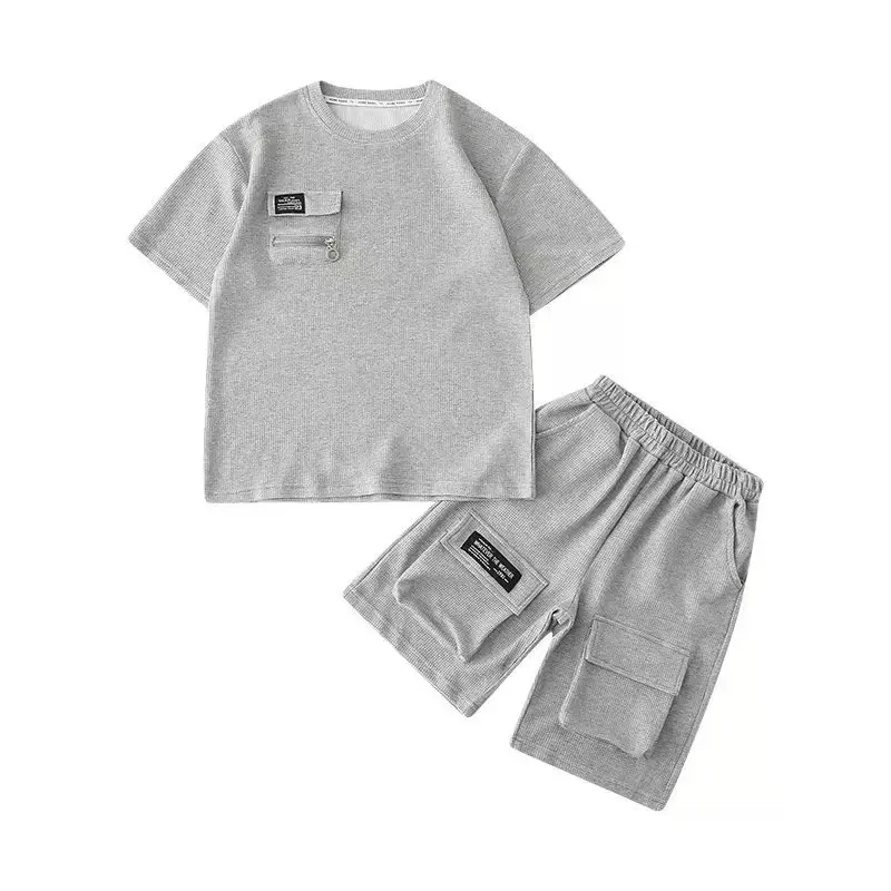2026 summer Teenager Boys Clothes Casual solid thin Kids Tracksuit Children set black t shirt + short pant pocket 5 6 7 12 Year