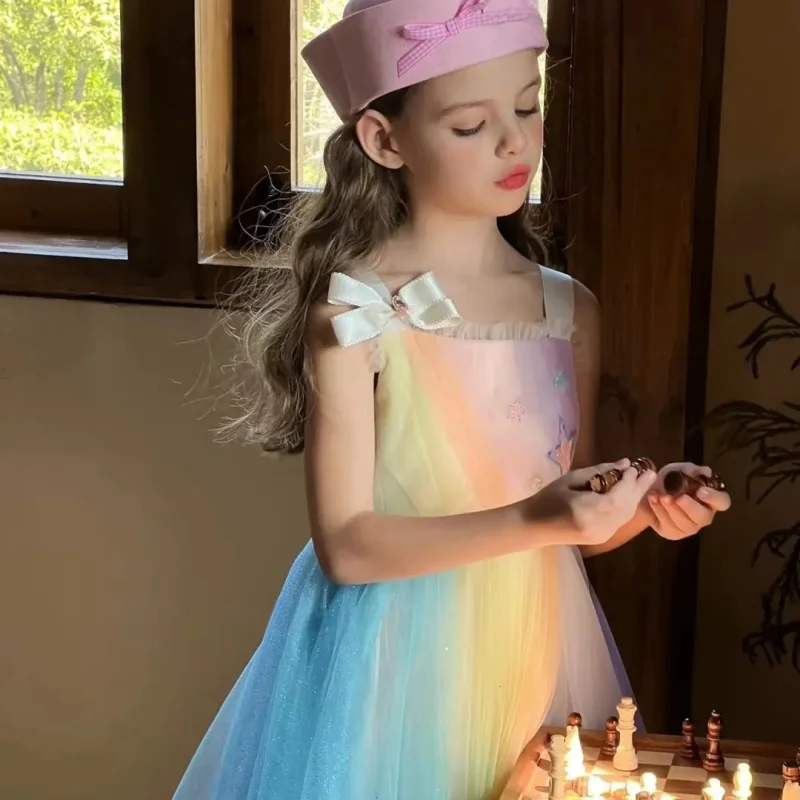 2026 Rainbow Gradient Mesh Girls Dress Shiny Sequin Bow Princess Gown Kids Birthday Party Dresses Fairy Wedding Vestidos Cloth