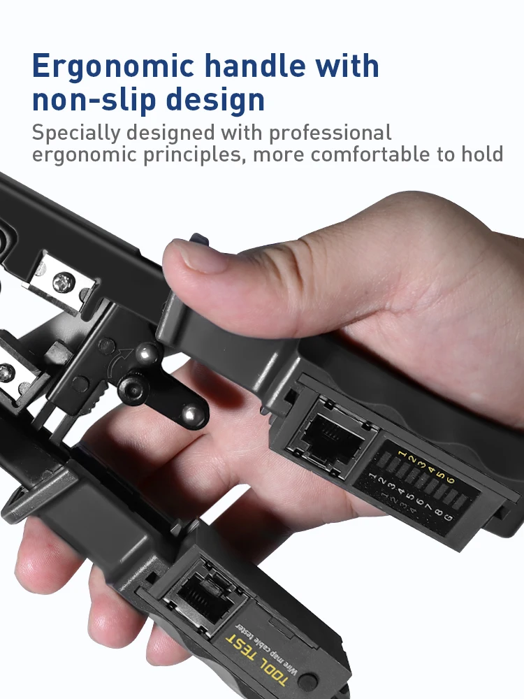 ZoeRax RJ45 RJ12 RJ11 Netzwerk-Crimpwerkzeug 8P6P4P Tester mit Abisolier-, Schneid-, Crimp- und Testfunktionen (Batterie nicht enthalten) – Detail 5