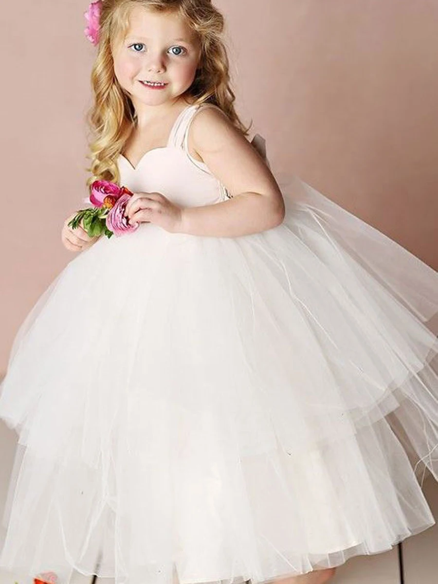 Maßgeschneidertes weißes Ballkleid für Blumenmädchen, Kindergeburtstag, ärmellos, herzförmig, knöchellang, für Hochzeit, Besch-Abschlussballkleider