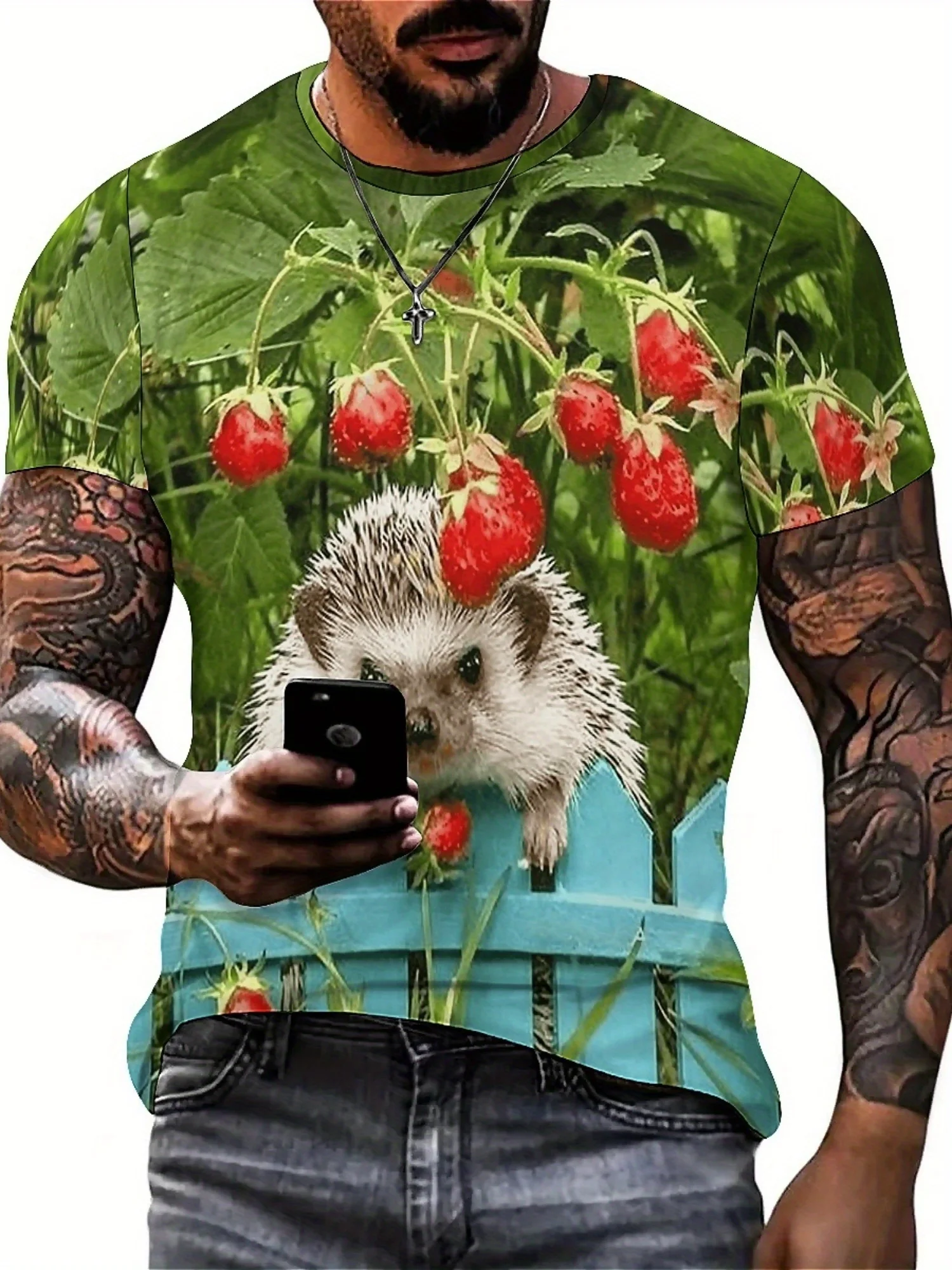 Men's Retro Y2K Geometric 3D Print T-Shirt with Cute Hedgehog & Strawberry Design - Artistic Abstract Pattern, Short Sleeve