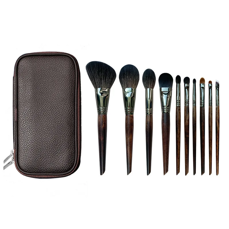 10-Piece Animal Hair Makeup Brush Set with Portable Wool Sleeve - Essential Beauty Tools for Makeup Artists