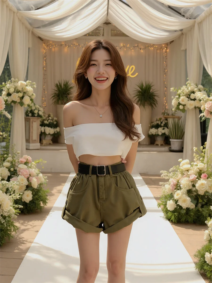 

Джинсовые свободные шорты с высокой талией и закрученными краями для девочек, элегантная женская одежда, летняя милая свободная одежда для отдыха, курортный светильник BF