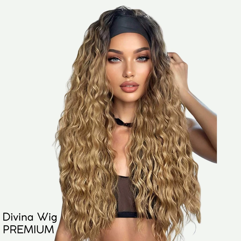 Curly Headband Wig Brown Blonde Heat Resistant Synthetic Hair Natural Look