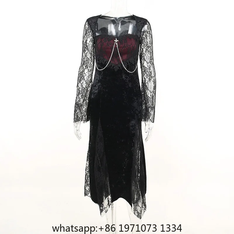 Goth Dark Elegant Mall Gothic Women Evening Dresses Grunge Aesthetic E-girl Velvet Midi Dress Lace Splice Sexy Split Alt Outfits