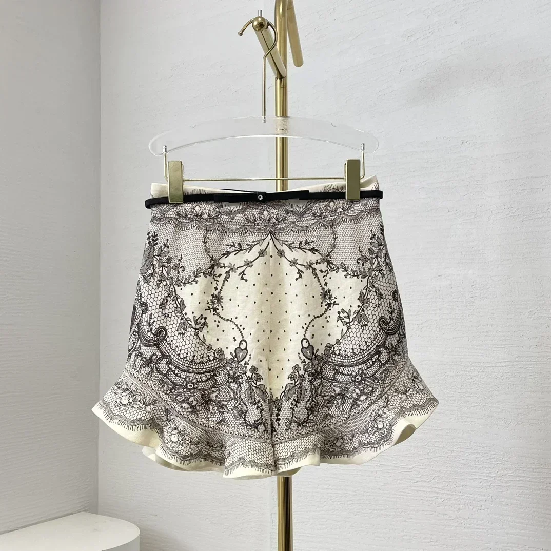 

New Vintage Women Outfit High Quality Grey Floral Print Full Lantern Sleeve Linen Silk Blouse and Pure Linen Shorts Holiday Sets