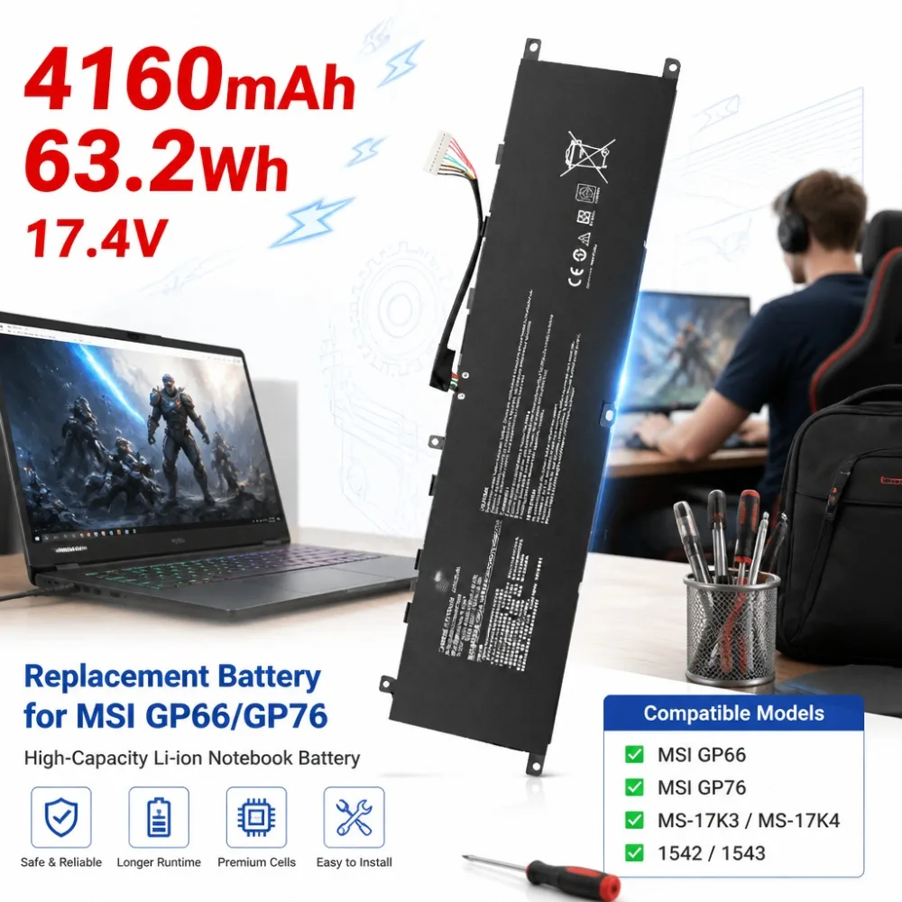 4160mAh 63.2Wh 17.4V Replacement Battery for MSI GP66 GP76 MS-17K3/17K4/1542/1543 Laptop Notebook High-Capacity