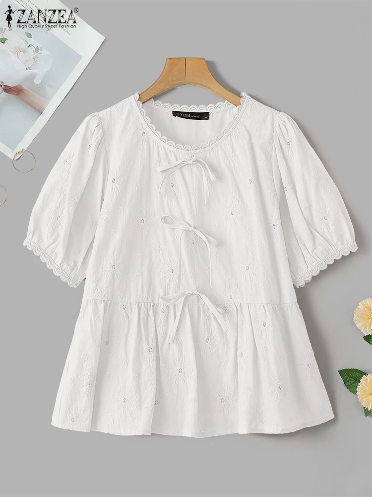 ZANZEA 女性トップス Sweety 無地レースホリデーボウタイステッチ韓国ブラウスパフ半袖チュニックカジュアルサマーシャツ