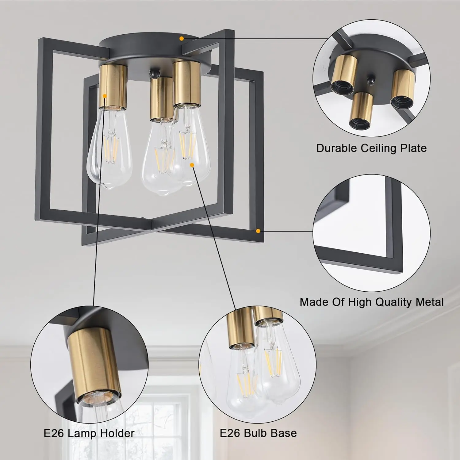 3-Light Ceiling Light Fixture, Black And Gold Semi-Flush Mount Chandelier With Geometric Metal Shade, Farmhouse Industrial