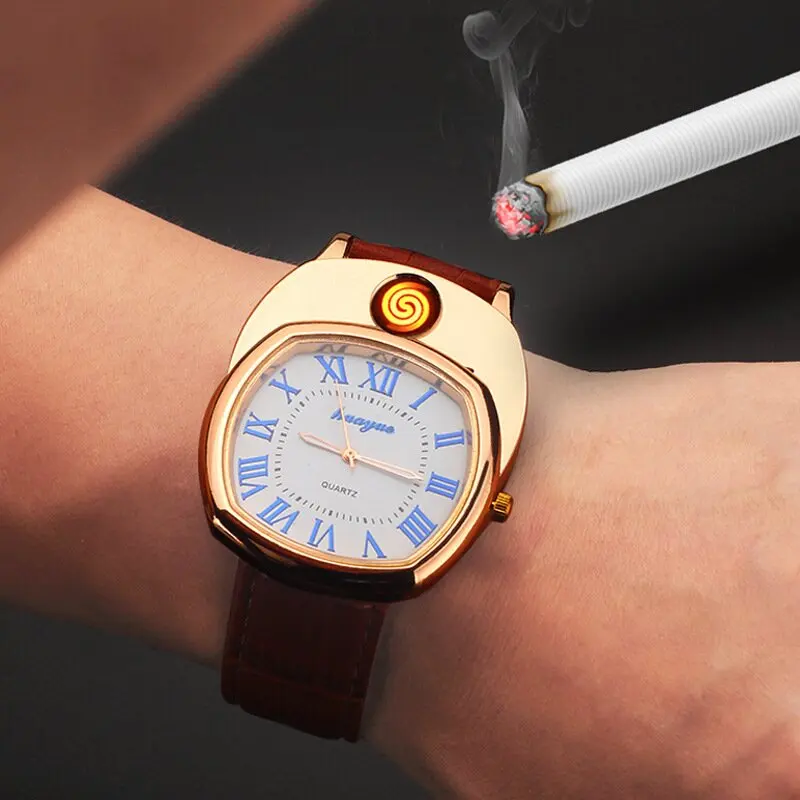 

Multifunctional Quartz Electronic Watch For Men Cigarette Lighter USB Recharge Silicone WatchThree Fake Eyes Men's Gift