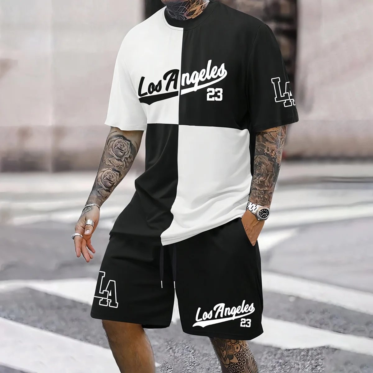 Fashion Sports Style Breathable Men's Short Sleeve Set Summer Casual T-shirt Quick Dry Men Sweatpants Gym Fitness Two-piece Sets