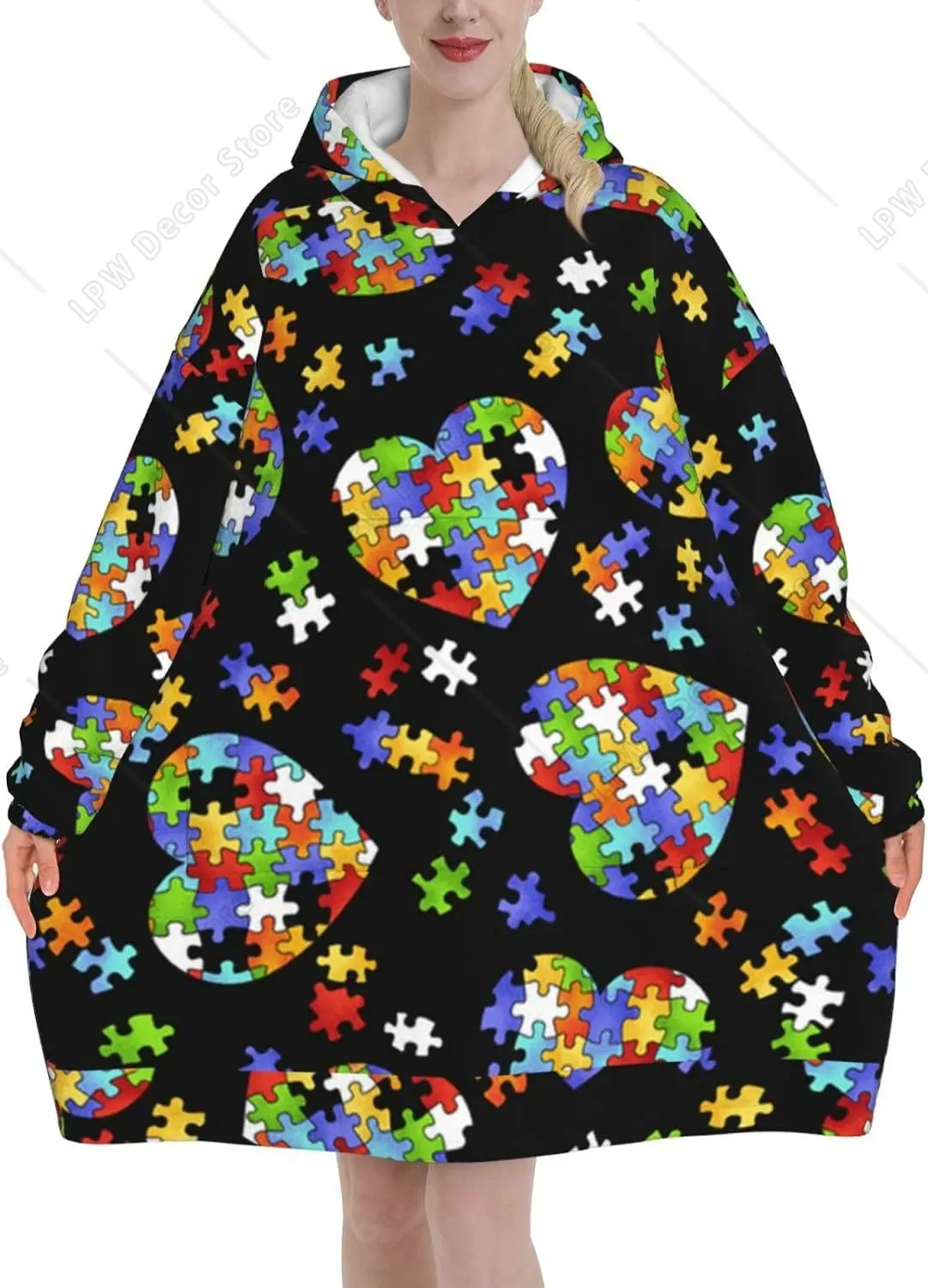 Oversized Flannel Wearable Blanket Hoodie For Adult Autism Awareness Puzzle Pieces Heart Soft Fuzzy Hooded Lounging Pullover