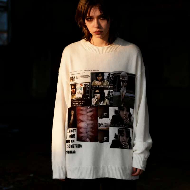 

Unisex Gothic deep neck printed sweater slogan print oversized knitted pullover for men and women Emo punk aesthetic streetwear
