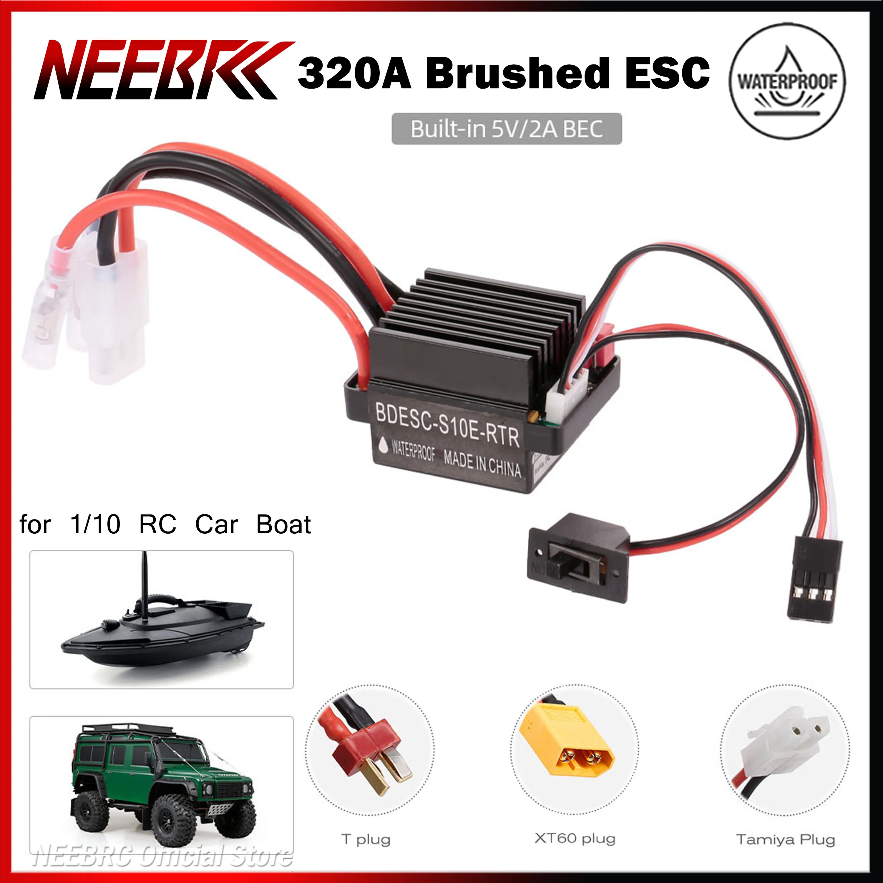 

NEEBRC 320A Waterproof Brushed ESC 5V/2A BEC 60A Speed Controller 2-3S Forward+Brake+Retreat for 1/10 RC Car Boat Model Motor