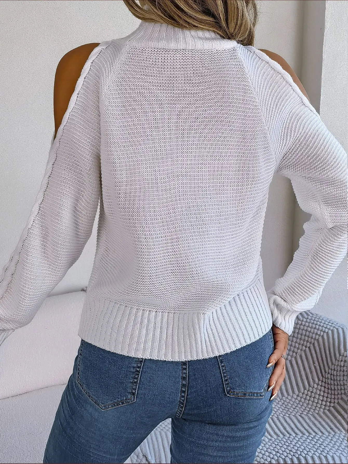 Sweater for Female Autumn and Winter Fashion Solid Color Strapless High Neck Hollow Long Sleeve Knitted Pullover Casual Blouse