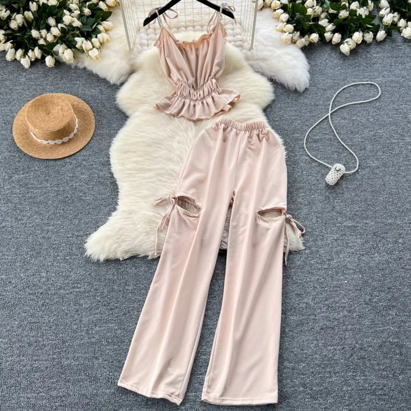 Summer Women Fashion Elegant Party Casual Pantsuit Sleeveless Vintage Tops and Pants Outfits Female Clothes Sexy Two Pieces Set