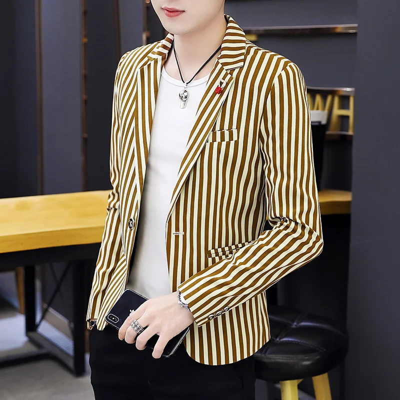 

Мужской приталенный пиджак в полоску в корейском стиле, повседневный, на четыре сезона, новинка бутика, элегантный укороченный костюм