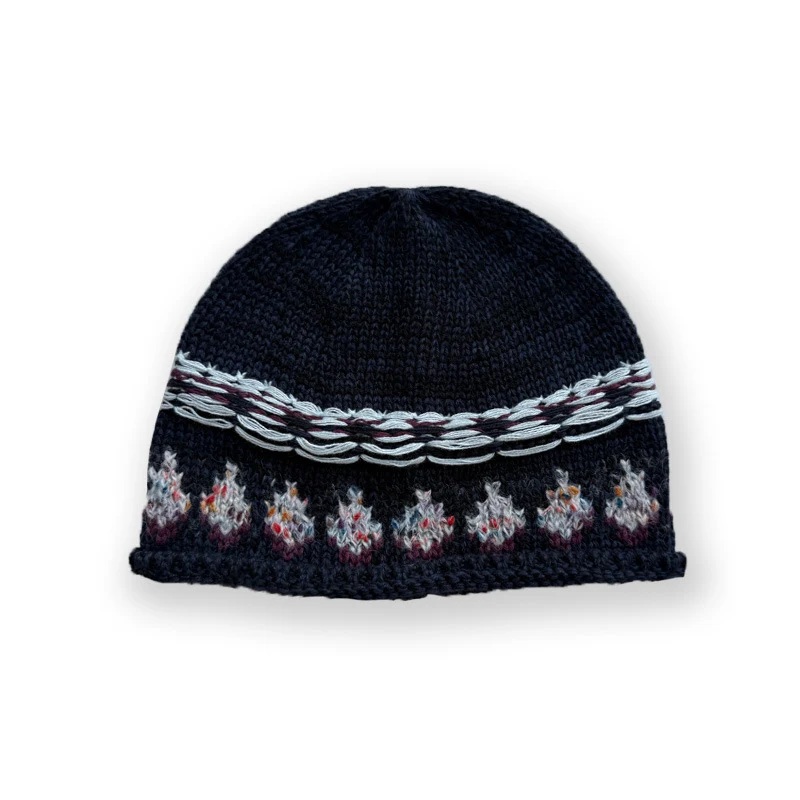 Natural Slouchy Knit Hat Navy Blue Geometric Jacquard Cuffed Beanie Hat Artistic Textured Winter Aran Beanie Skull Hat For Women 2