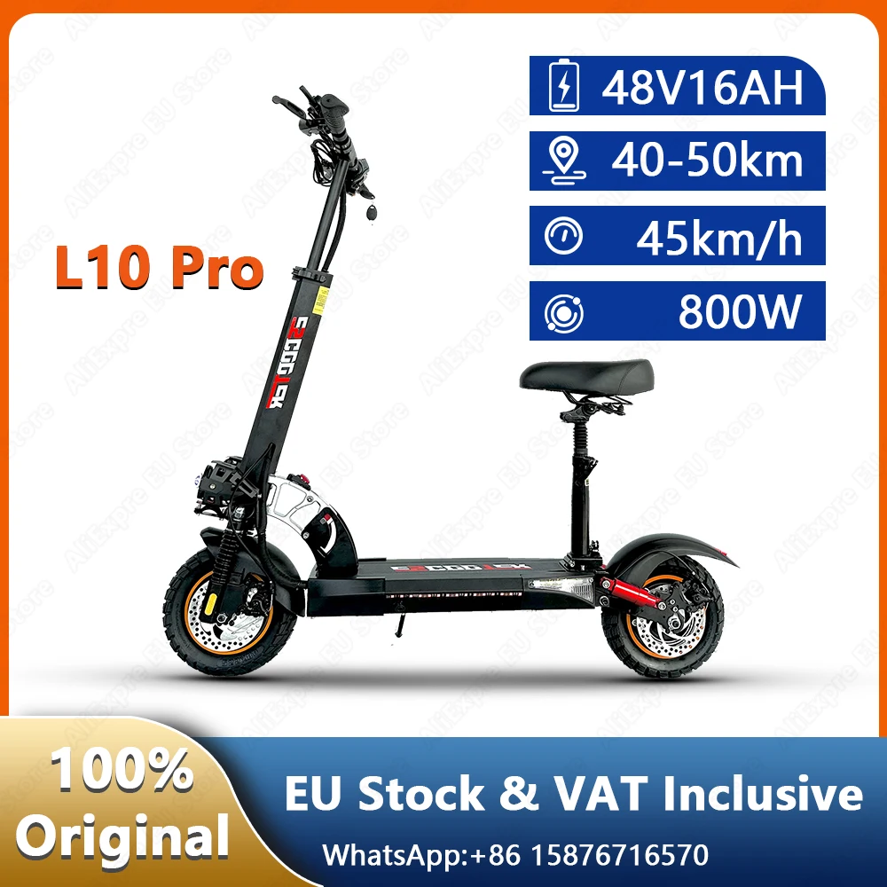 Scooter elettrico L10/L10 PRO, motore da 800 W Batteria 48 V 13/16 Ah, portata 40/50 massima 28 MPH E-Scooter Pneumatico da 10 con indicatori di direzione e sedile