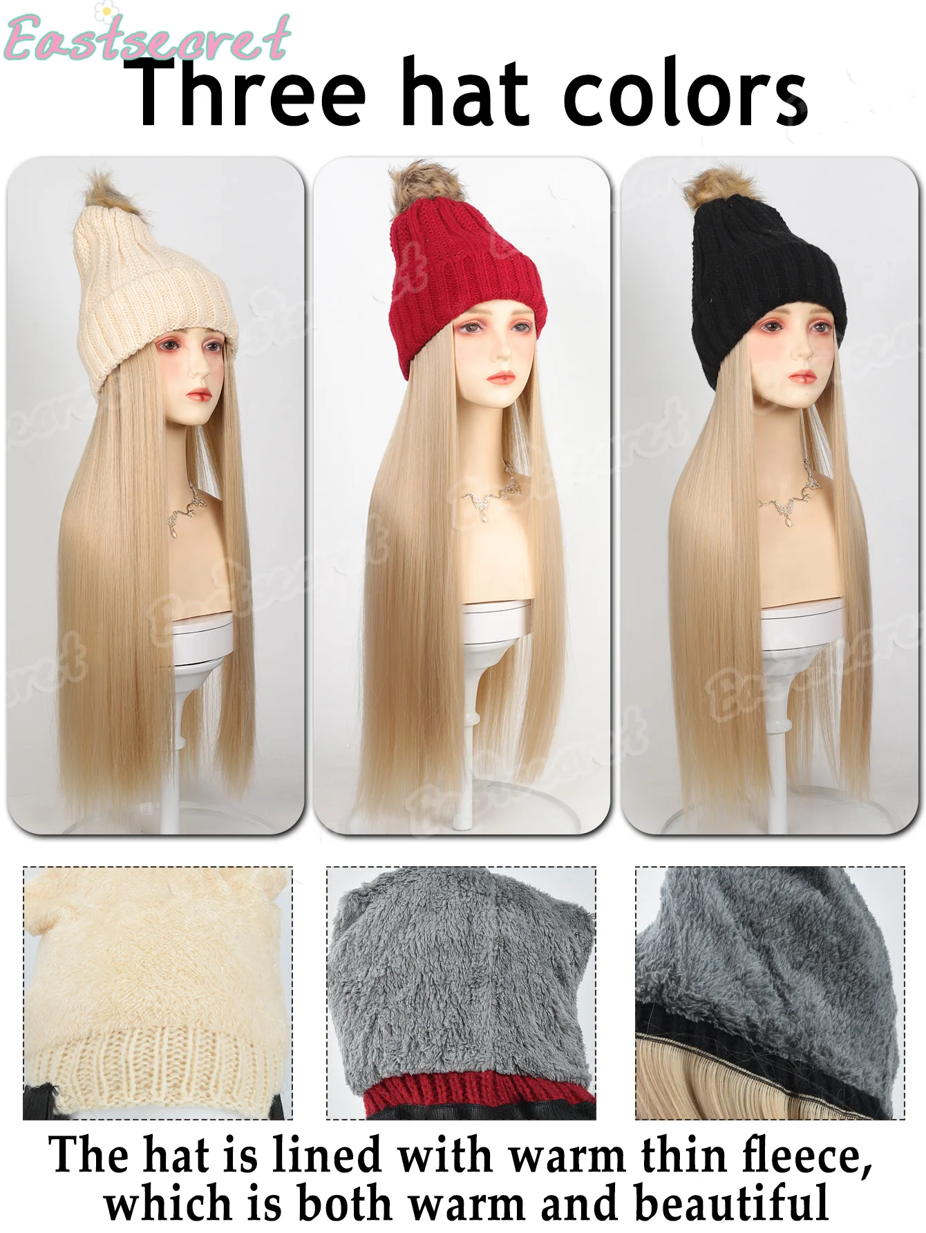 EAST Long Wavy Curly black Knit Hat Wig Long Wavy Curly Hairpieces Attached Hat with Hair Winter Knit Warm Hat with Hairpiece