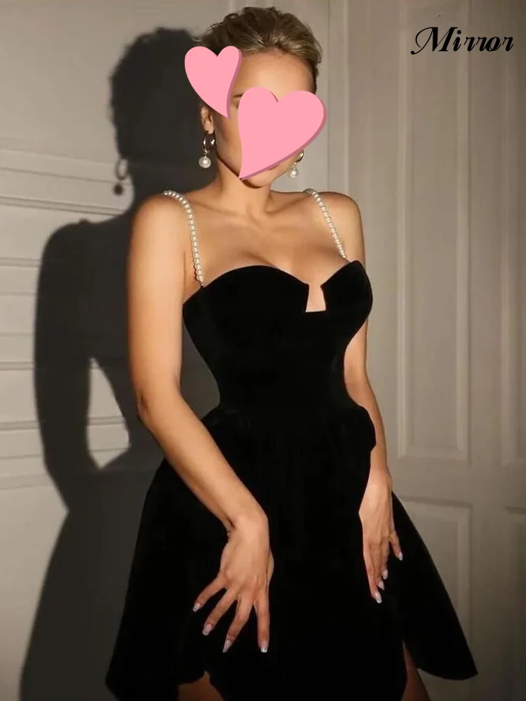 

Mirror Dress Elegant Vintage Simple Black Pearls Sexy A-Line Knee Length Formal Occasion Prom Dress Evening Party Gowns