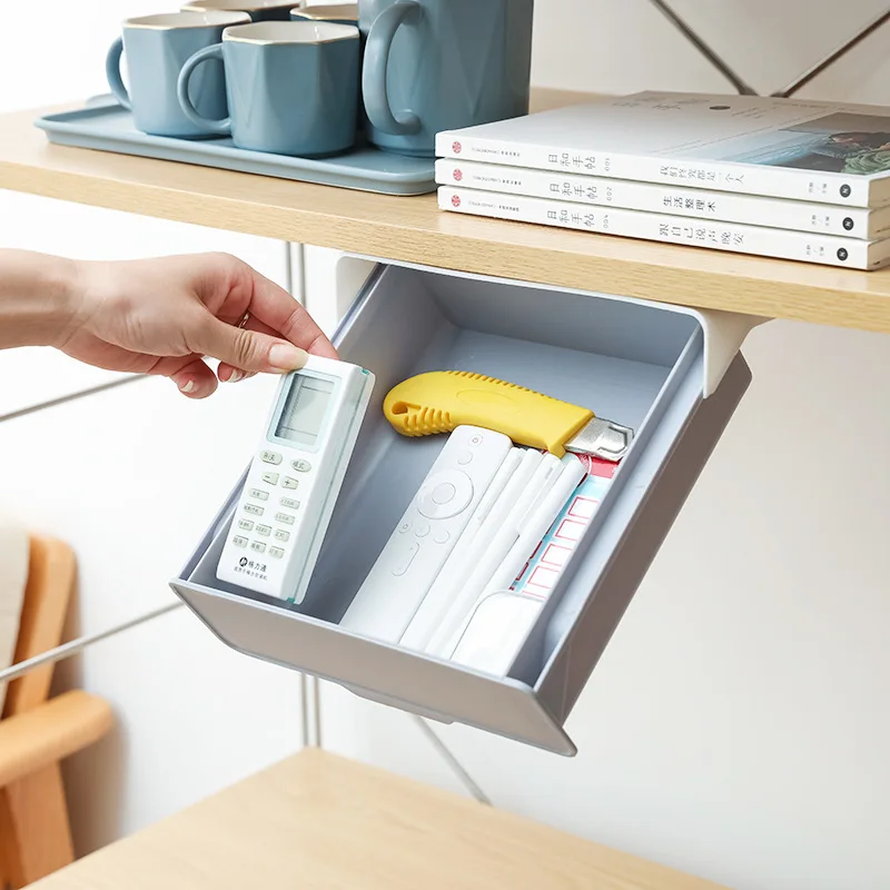 Self-Adhesive Hidden Plastic Storage Box Under the Table Hanging Shelf Drawer Organizers Kitchen Compartment Plate Container