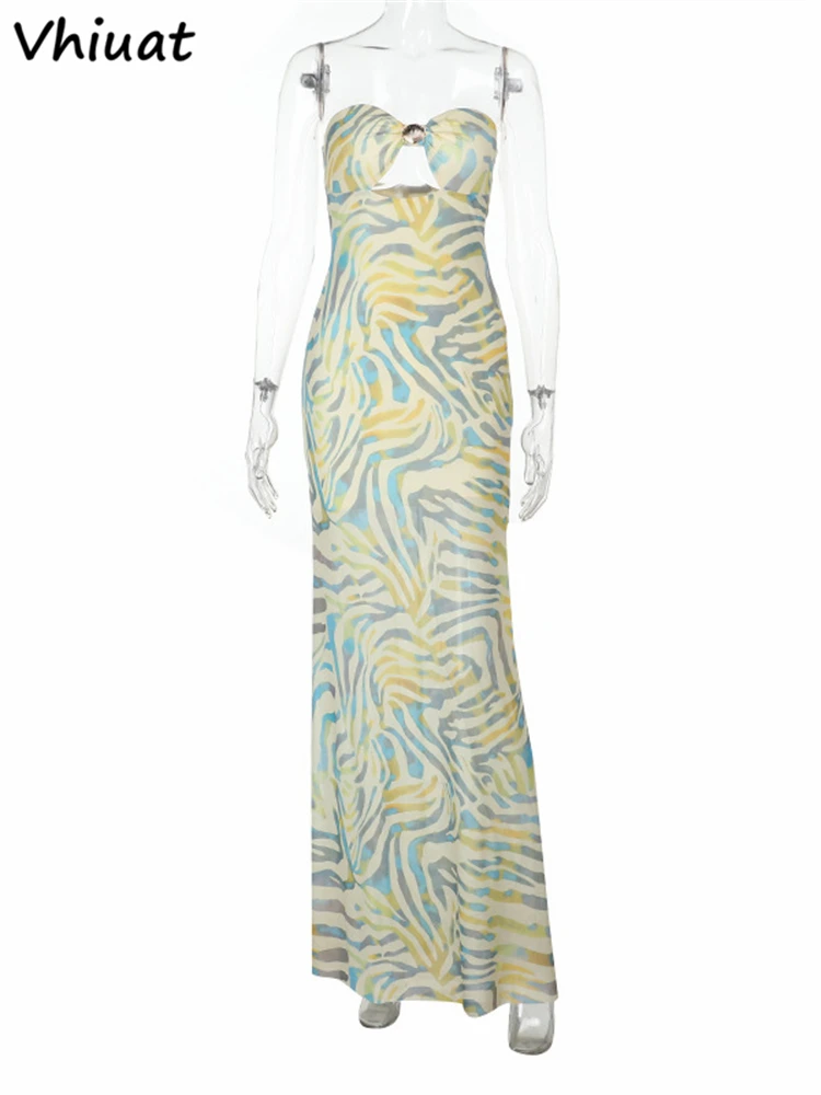 Vhiuat coquilles sans manches sans bretelles moulante longues robes femmes évider maille tendance été dos nu plage fête robes 2025