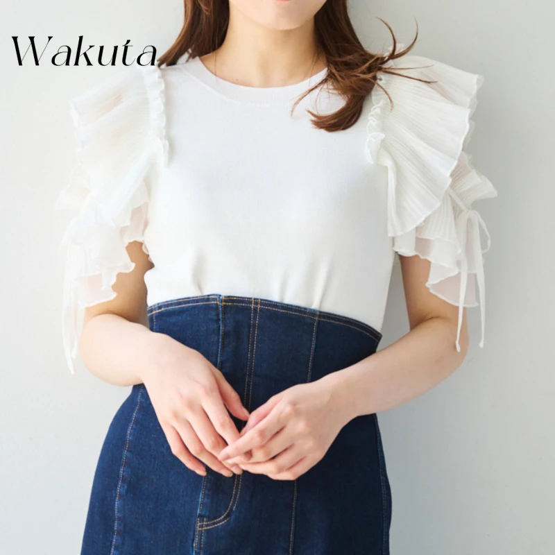 WAKUTA Japanese Strap Slim Fit Sweaters Solid All-matched Short Jumper Spring Ruffled Splice Off Shoulder Pullovers Sueter Mujer