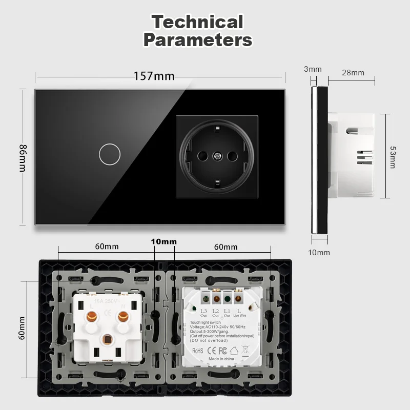 NOVSKI 1/2/3Gang Touch Switches 1Way Light Switch With EU Wall Sockets USB Type-c Power Outlets Glass Panel Black