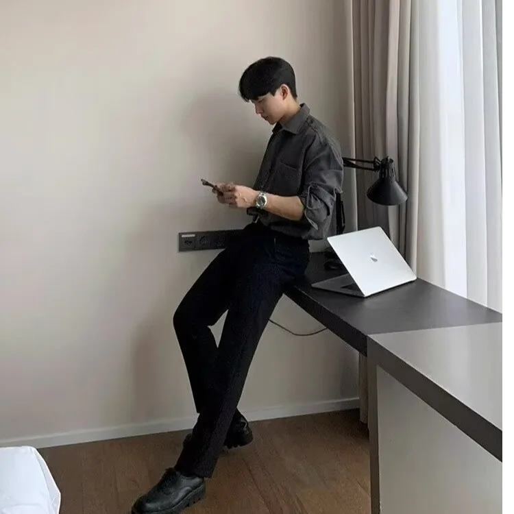 ملابس رجالية كاجوال كورية عتيقة بأزرار وياقة مقلوبة وأكمام طويلة بلون سادة ملابس فاخرة مميزة جديدة