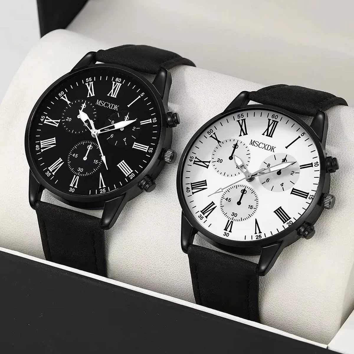 2pcs Fashionable Men's Business Watch Popular Men's Belt Quartz Watch (without Box)