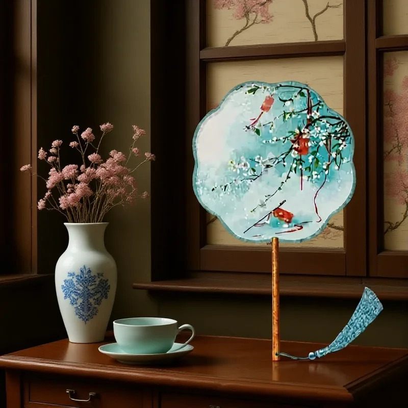 Long Handle Fan Cheongsam Round Fan Double-sided Fan Chinese  For Performance Costume Accessory Outdoor Activity