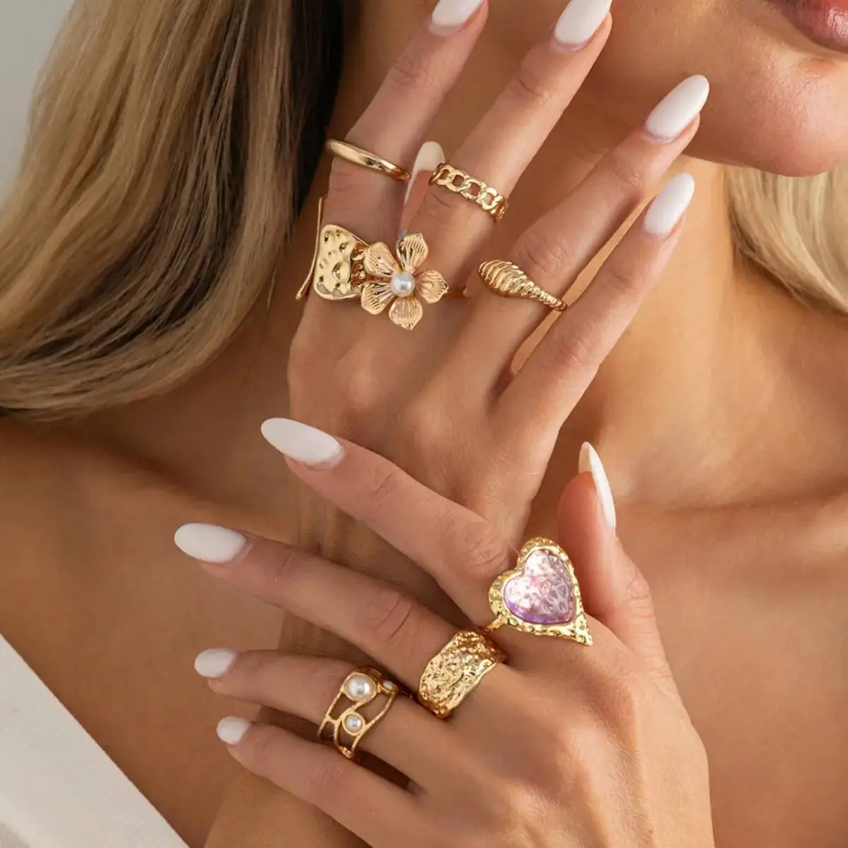 SHIXIN 8 Pcs/Set Fashion Imitation Pearl Flowers Open Rings Women Punk Gold Color Exquisite Couple Ring Y2K Party Finger Jewelry