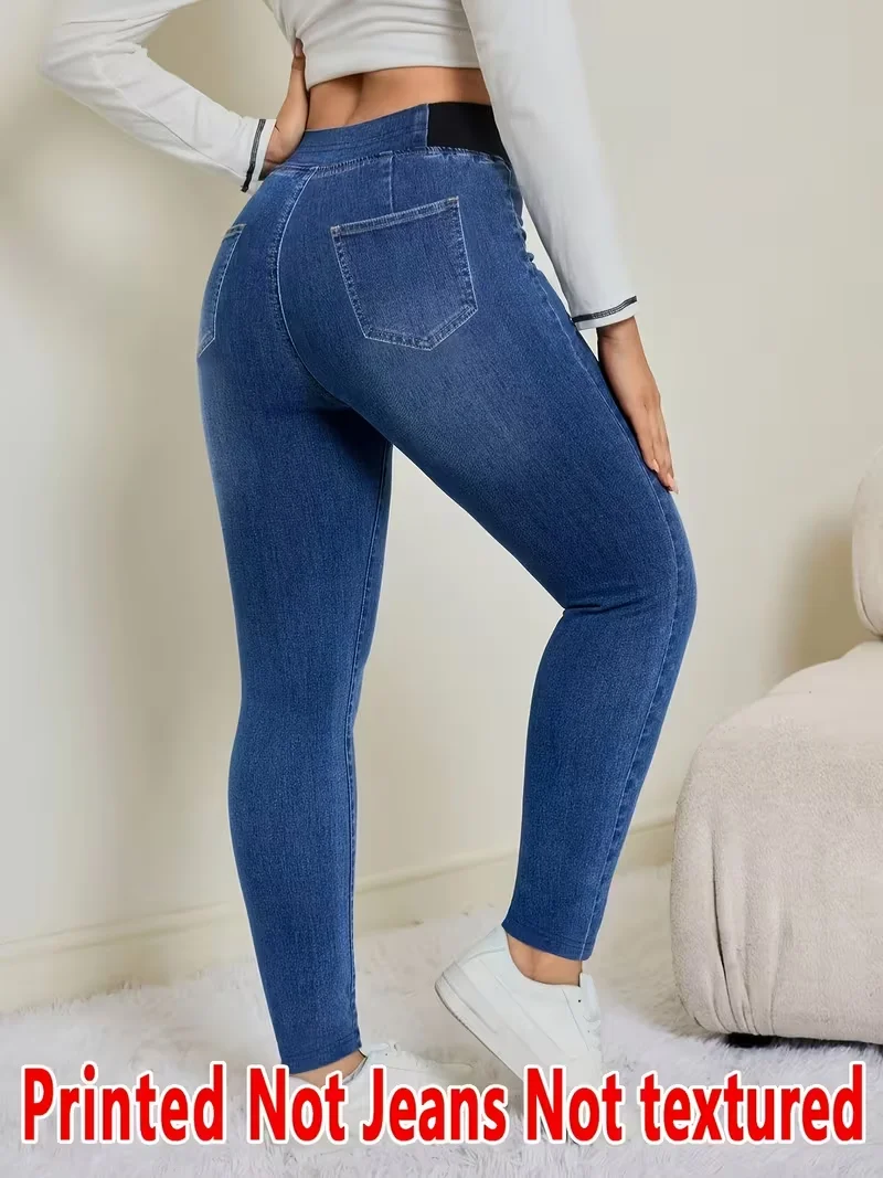 Damen-Jeggings mit elastischem Bund, bedrucktem Kunstdenim, Stretch-Skinny-Leggings mit Taschen – Detail 3