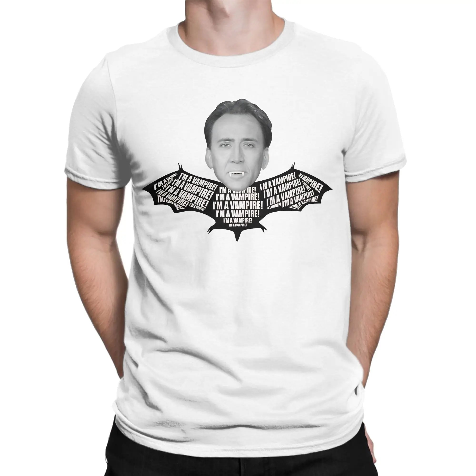 Men Women Nicolas Cage Bat T Shirt I'M A Vampire Vintage 100% Cotton Tops Short Sleeve Round Neck Tee Shirt Plus Size T-Shirt
