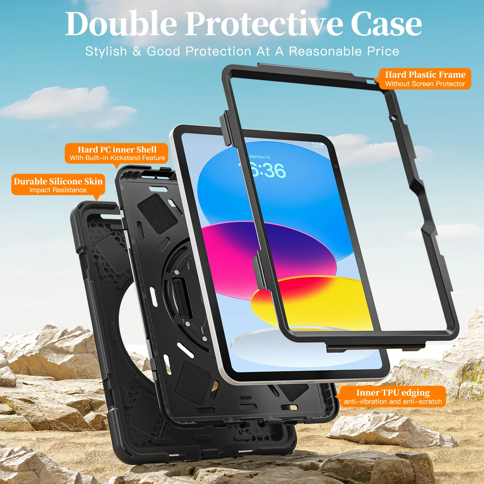 Heavy Duty 3-Layer Protective Tablet Cover for Apple iPad 2022 2025 for iPad Pro 11 2024 M4 Pro 11 2025 M5 360° Rotating Stand