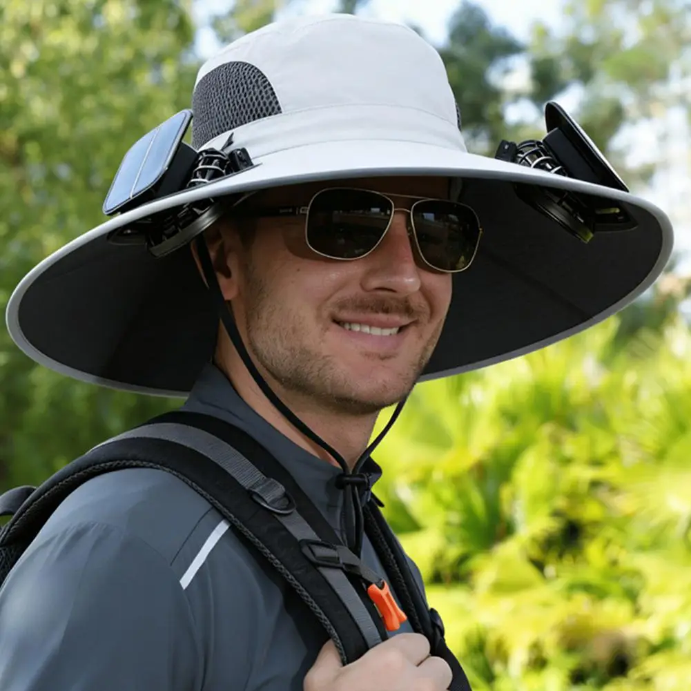 Outdoor Fishing Hat with Fan Solar Rechargeable Fisherman Hat with Dual Fans Upf 50 Wide Brim Sun Protection Hat for Fishing