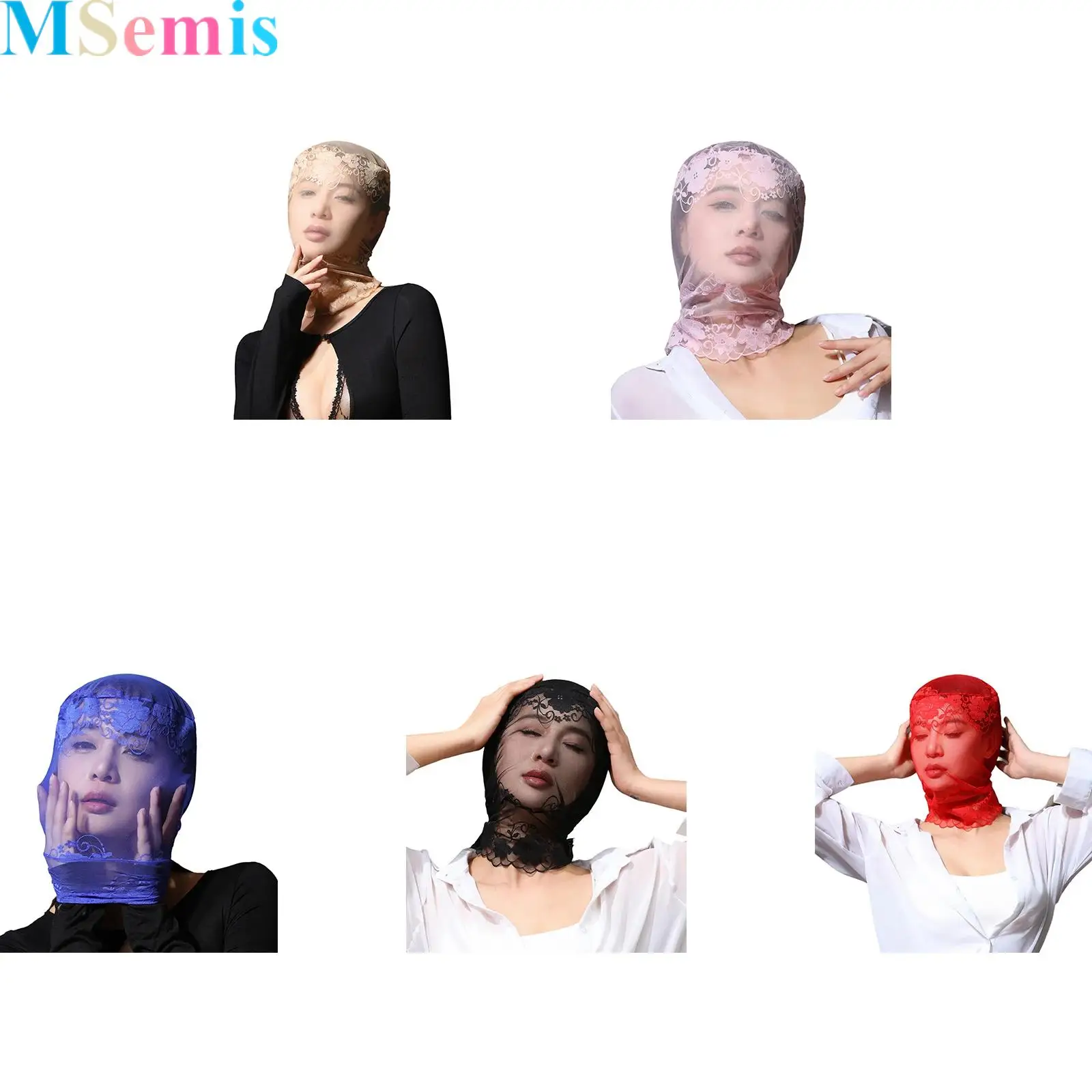

Unisex Floral Lace Full Face Mask Elastic Full-coverage See Through Hood Head Cover for Photography Halloween Cosplay Diy