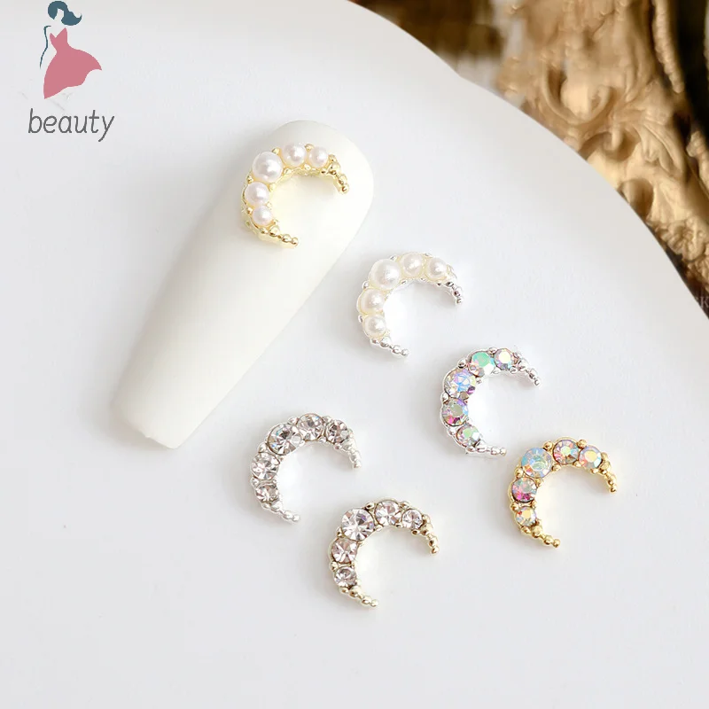 Abalorios de aleación de luna creciente para decoración de uñas, 5 piezas, Diamante Blanco AB, perla con incrustaciones de diamantes de imitación dorados y plateados, joyas para salón de manicura