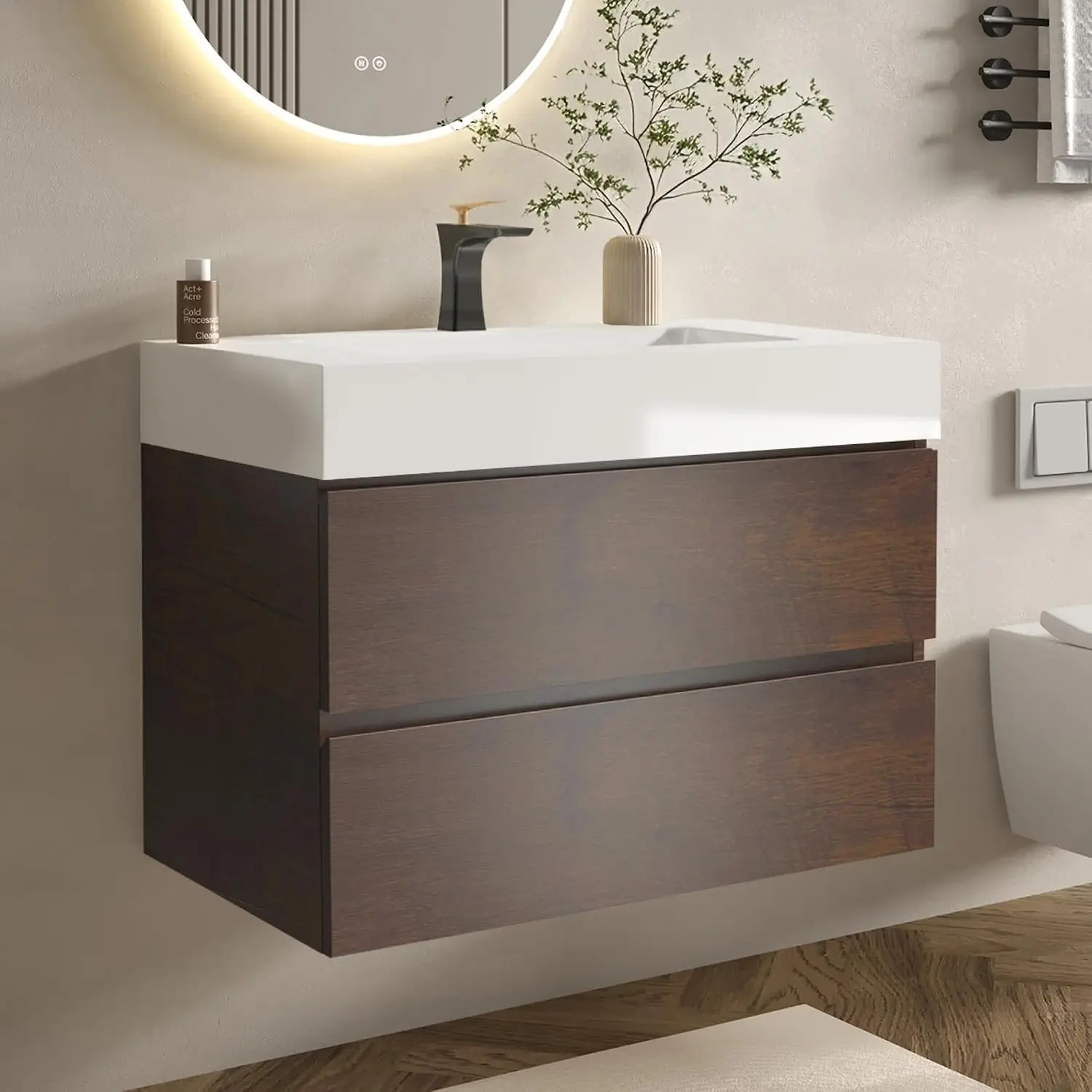 Modern Wall-Mounted Vanity with Engineered Stone Top, 2 Soft-Close Drawers, Spacious Storage for Small Space, Guest, Customized