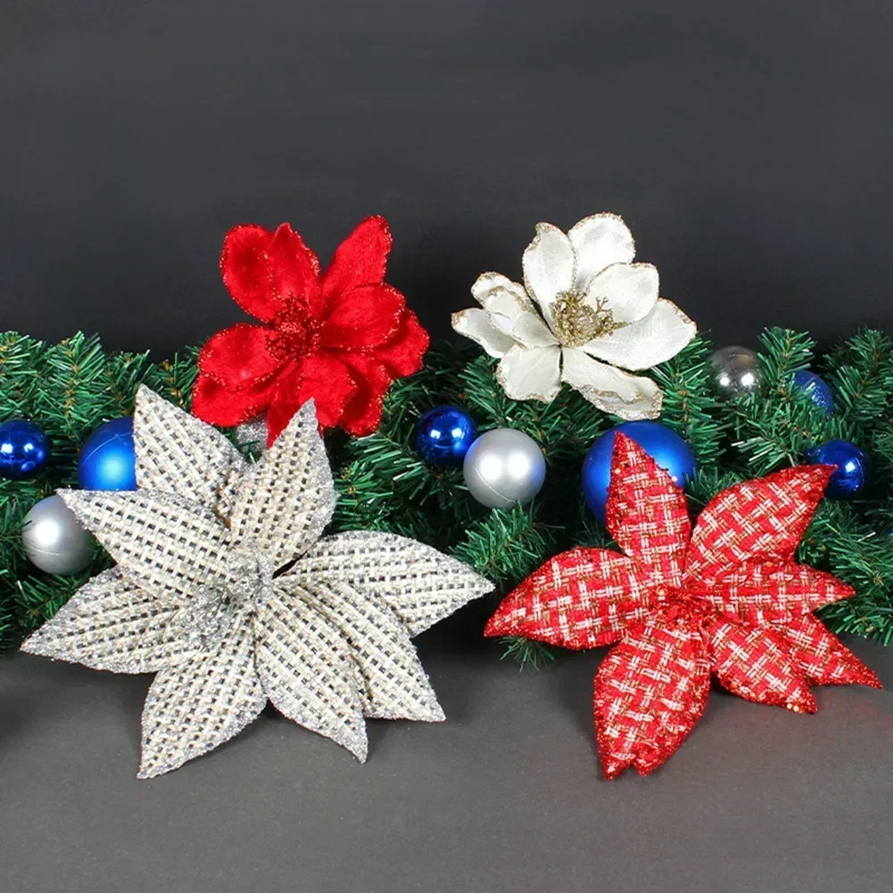 ~Glitter Artificial Christmas Flow~ers Xmas Tree Ornaments Merry Chris~tmas Decorations For ~Home New Year Decor Navida~d Gifts