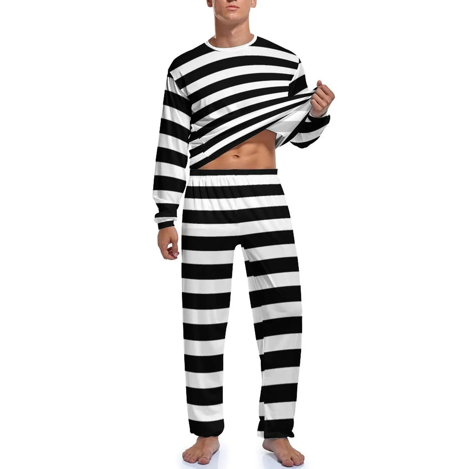 Classic Retro Striped Pajamas Spring Black White Stripes Halloween Casual Home Suit Men Graphic Long Sleeve Romantic Pajamas Set