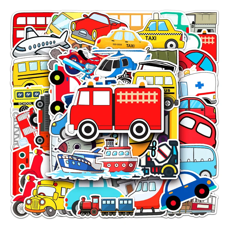 10/25/50pcs Transports Stickers Cartoon Cars Airplanes for Gift Room Learning Wall Decals Travel Luggage phone helmet