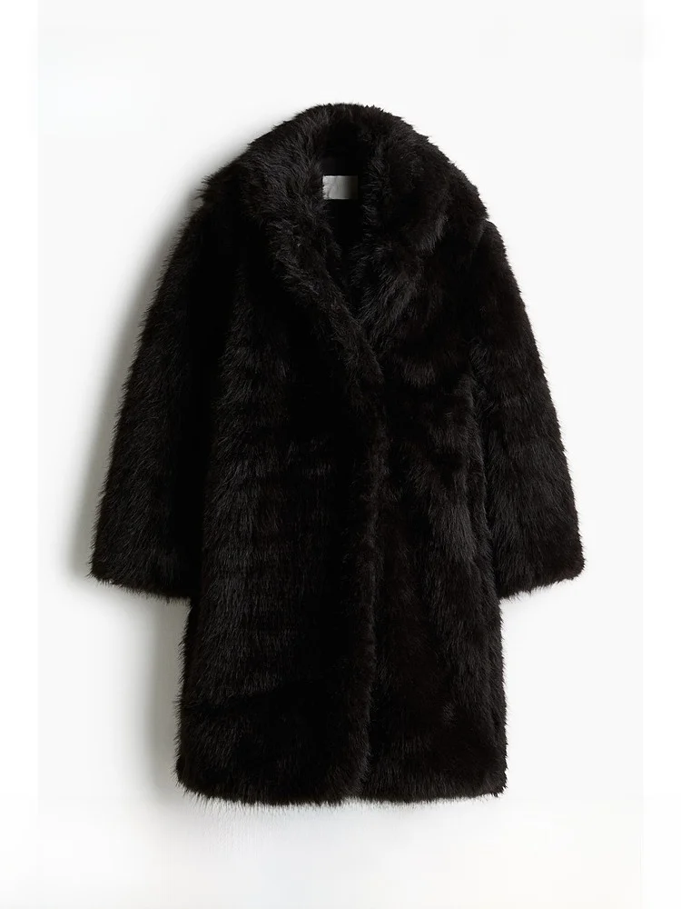 

Женское шерстяное пальто H&M: Теплая зимняя куртка средней длины с искусственным мехом и эффектом флиса, модель 1101014. Модная верхняя одежда для женщин.