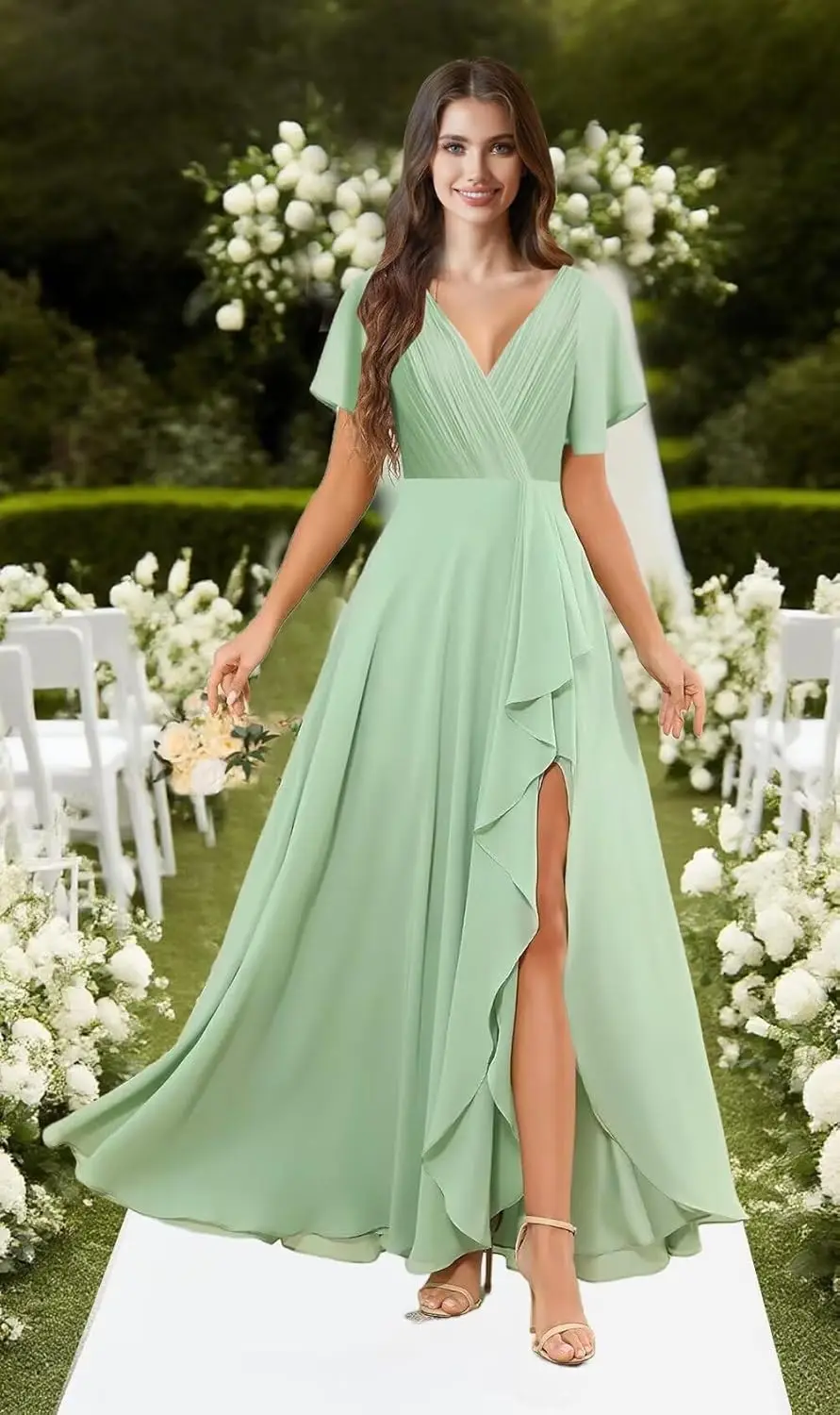 فساتين وصيفة الشرف من الشيفون برقبة على شكل V مع شق وكشكشة مطوي على شكل حرف A فستان رسمي بأكمام فستان رسمي أنيق للنساء