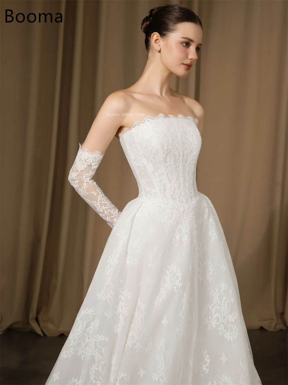 Booma A-Line senza spalline in pizzo principessa abiti da sposa lunghi applicazioni in pizzo senza maniche abito da sposa su misura 2025