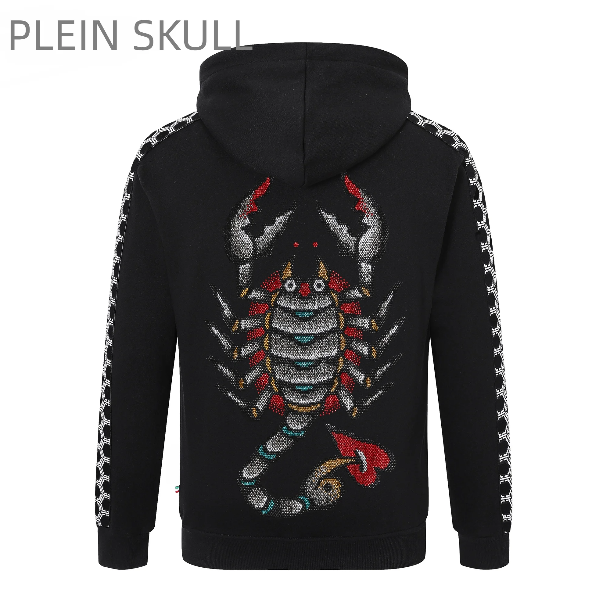 Plein Skull Men's Rhinestone Colorful Scorpion Hoodie Pullover Side Geometric Stripe Sleeve Casual Long Sleeve Hooded Sweatshirt