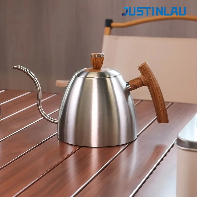 

JUSTINLAU 600/1500ML Coffee Hand-making Kettle 304 Stainless Steel Swan Neck Slender Mouth Kettle Wooden Handle Coffee Utensils